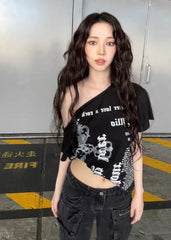 aespa Yoo Jimin same Korea ILLIO off-the-shoulder asymmetrical short-sleeved T-shirt women's summer one-shoulder retro top