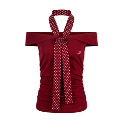 SiCii ice cake sweetheart pure desire hot girl polka dot tie one-shoulder T-halterneck design pleated slimming short top
