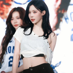 aespa winter's matching pleasenofollow off-the-shoulder short sleeve T-shirt women's summer slash neck top