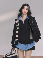 AOMALM Shaoya Eye Gaozhi Gakuin % Fake two pieces American oversize sweatshirt women's autumn polo collar top