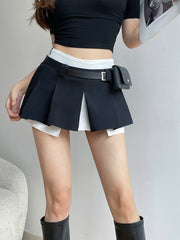 liviahome american babes college fake two pieces waist bag black short skirt pleated skirt anti walking away a-line skirt