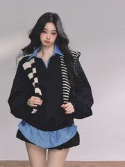 AOMALM Shaoya Eye Gaozhi Gakuin % Fake two pieces American oversize sweatshirt women's autumn polo collar top