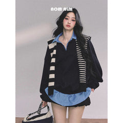 AOMALM Shaoya Eye Gaozhi Gakuin % Fake two pieces American oversize sweatshirt women's autumn polo collar top