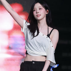 aespa winter's matching pleasenofollow off-the-shoulder short sleeve T-shirt women's summer slash neck top