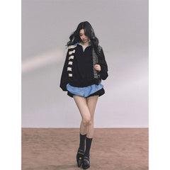 AOMALM Shaoya Eye Gaozhi Gakuin % Fake two pieces American oversize sweatshirt women's autumn polo collar top
