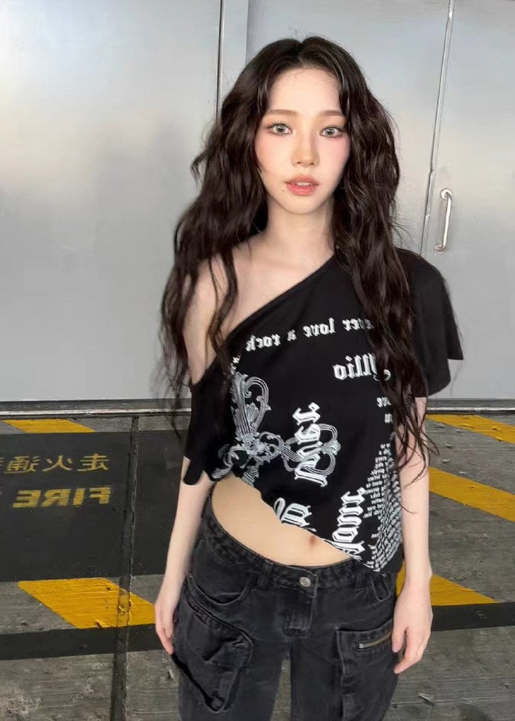 aespa Yoo Jimin same Korea ILLIO off-the-shoulder asymmetrical short-sleeved T-shirt women's summer one-shoulder retro top
