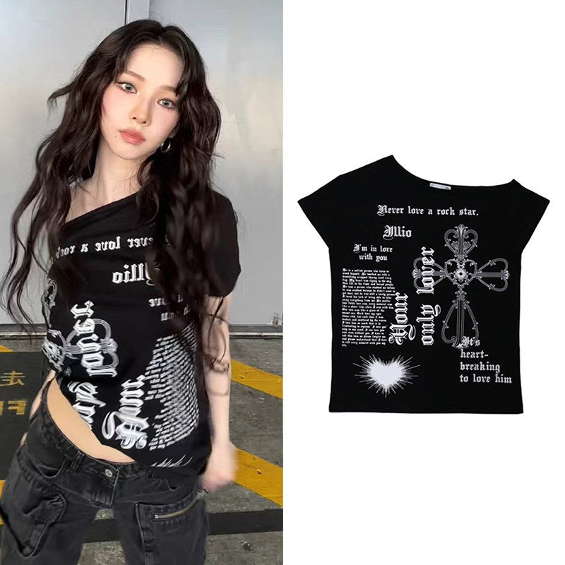 aespa Yoo Jimin same Korea ILLIO off-the-shoulder asymmetrical short-sleeved T-shirt women's summer one-shoulder retro top