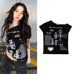 aespa Yoo Jimin same Korea ILLIO off-the-shoulder asymmetrical short-sleeved T-shirt women's summer one-shoulder retro top