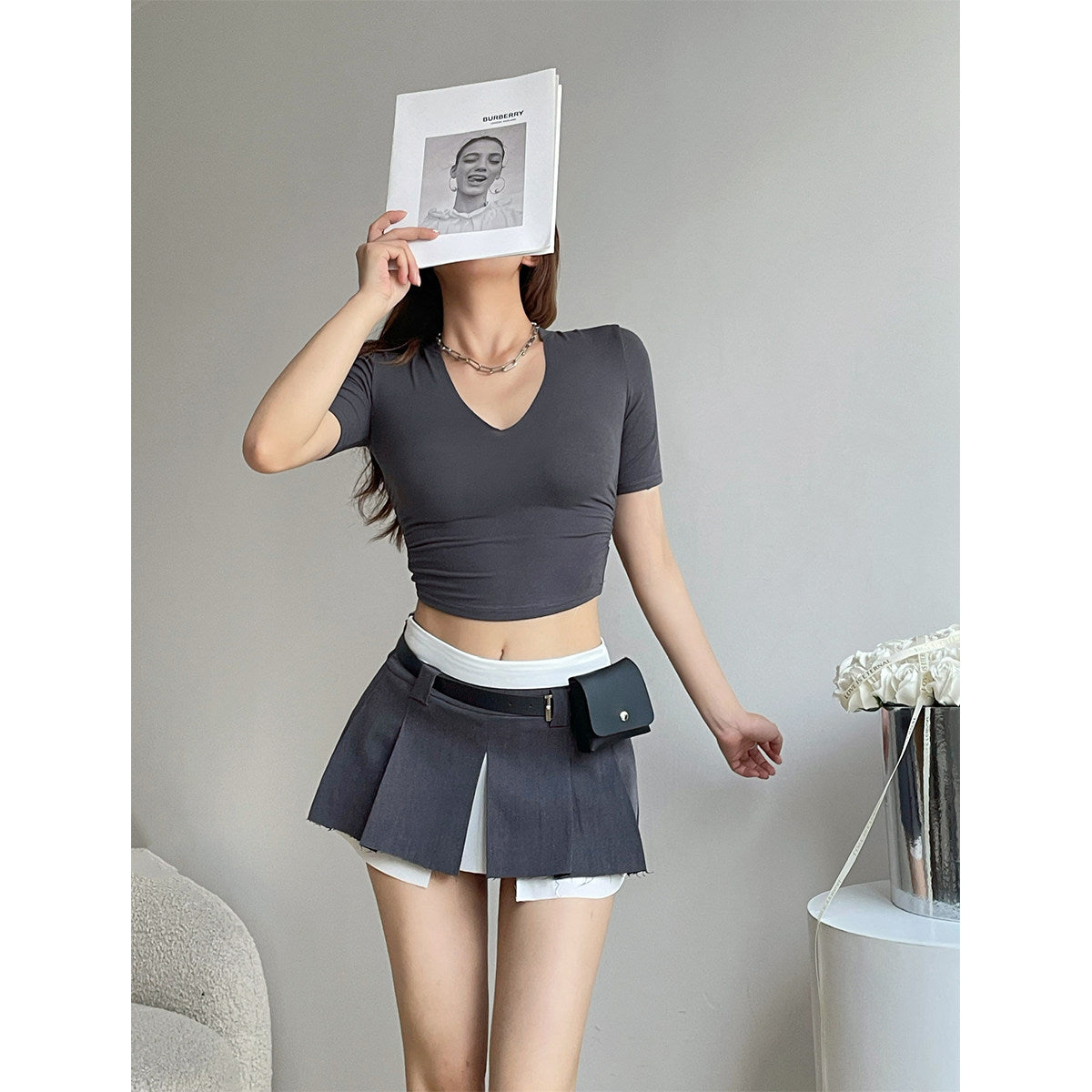 liviahome american babes college fake two pieces waist bag black short skirt pleated skirt anti walking away a-line skirt