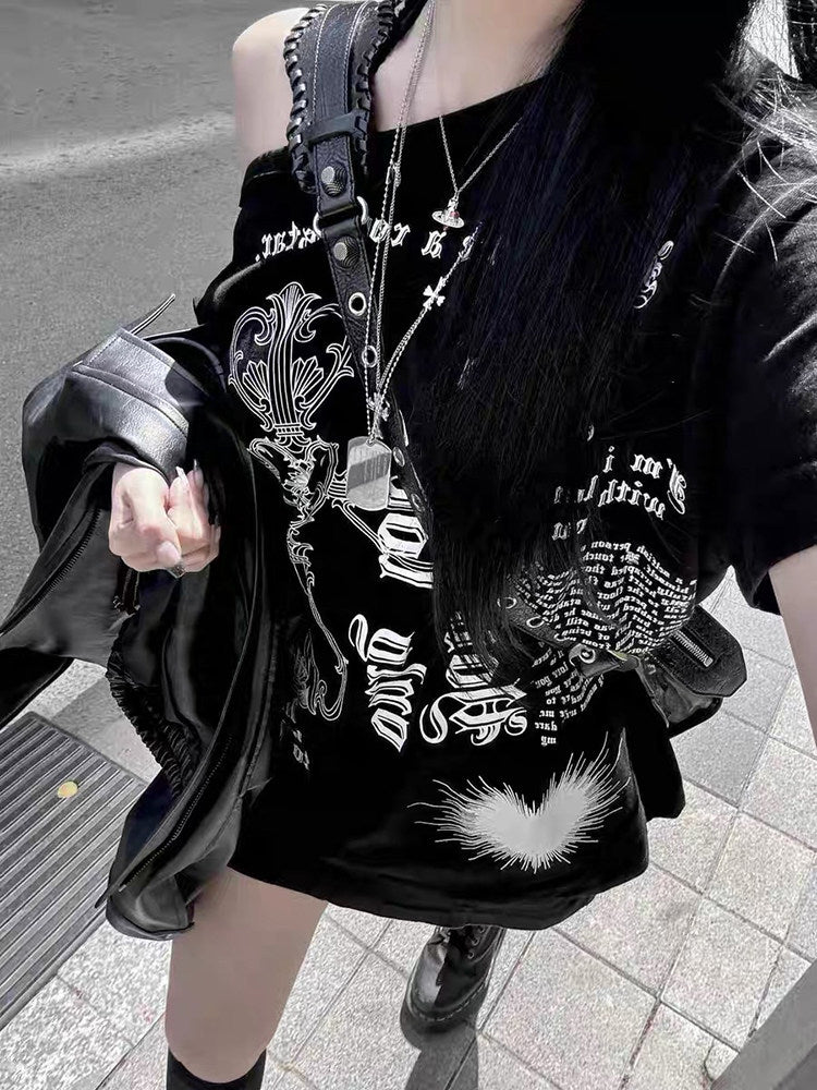 aespa Yoo Jimin same Korea ILLIO off-the-shoulder asymmetrical short-sleeved T-shirt women's summer one-shoulder retro top