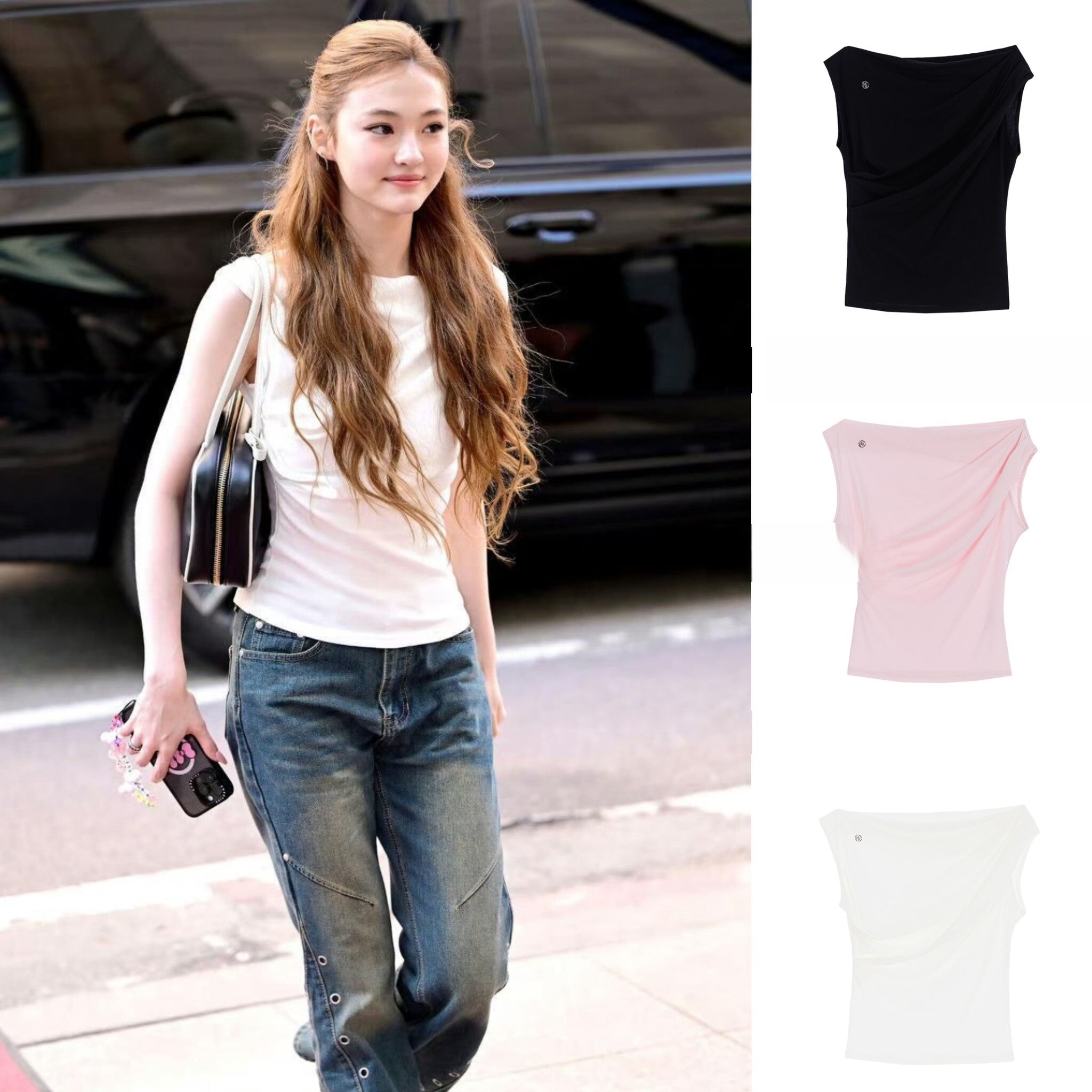 Unique SEI ellagross is the same Korean versatile off-the-shoulder neckline slim vest sleeveless top