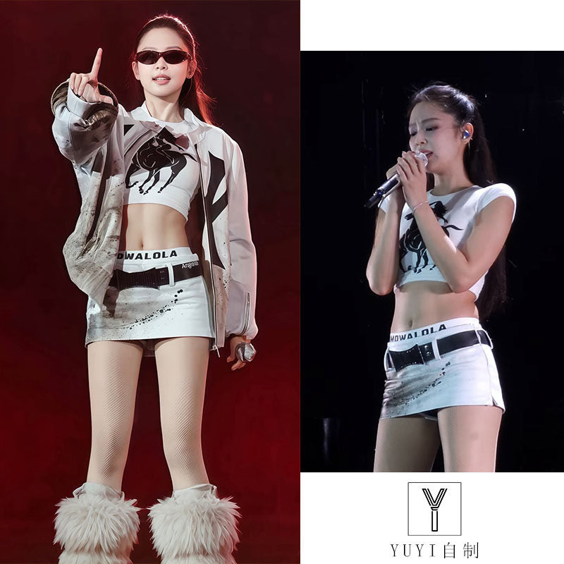 blackpink Kim Ji Ni Jennie's white printed short top T-shirt slim slimming short skirt hot girl outfit