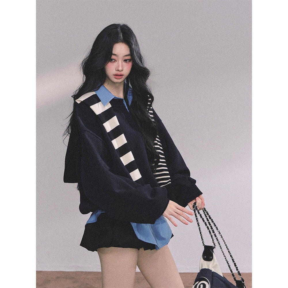AOMALM Shaoya Eye Gaozhi Gakuin % Fake two pieces American oversize sweatshirt women's autumn polo collar top