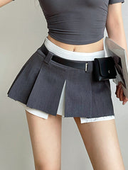 liviahome american babes college fake two pieces waist bag black short skirt pleated skirt anti walking away a-line skirt