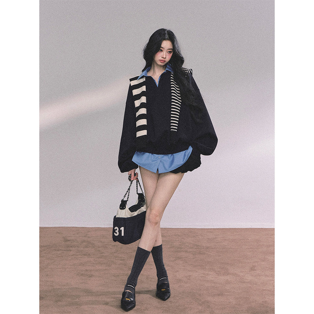 AOMALM Shaoya Eye Gaozhi Gakuin % Fake two pieces American oversize sweatshirt women's autumn polo collar top