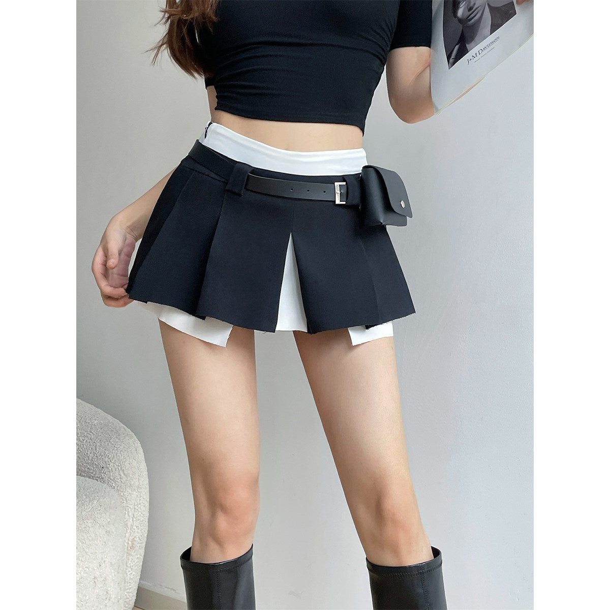 liviahome american babes college fake two pieces waist bag black short skirt pleated skirt anti walking away a-line skirt