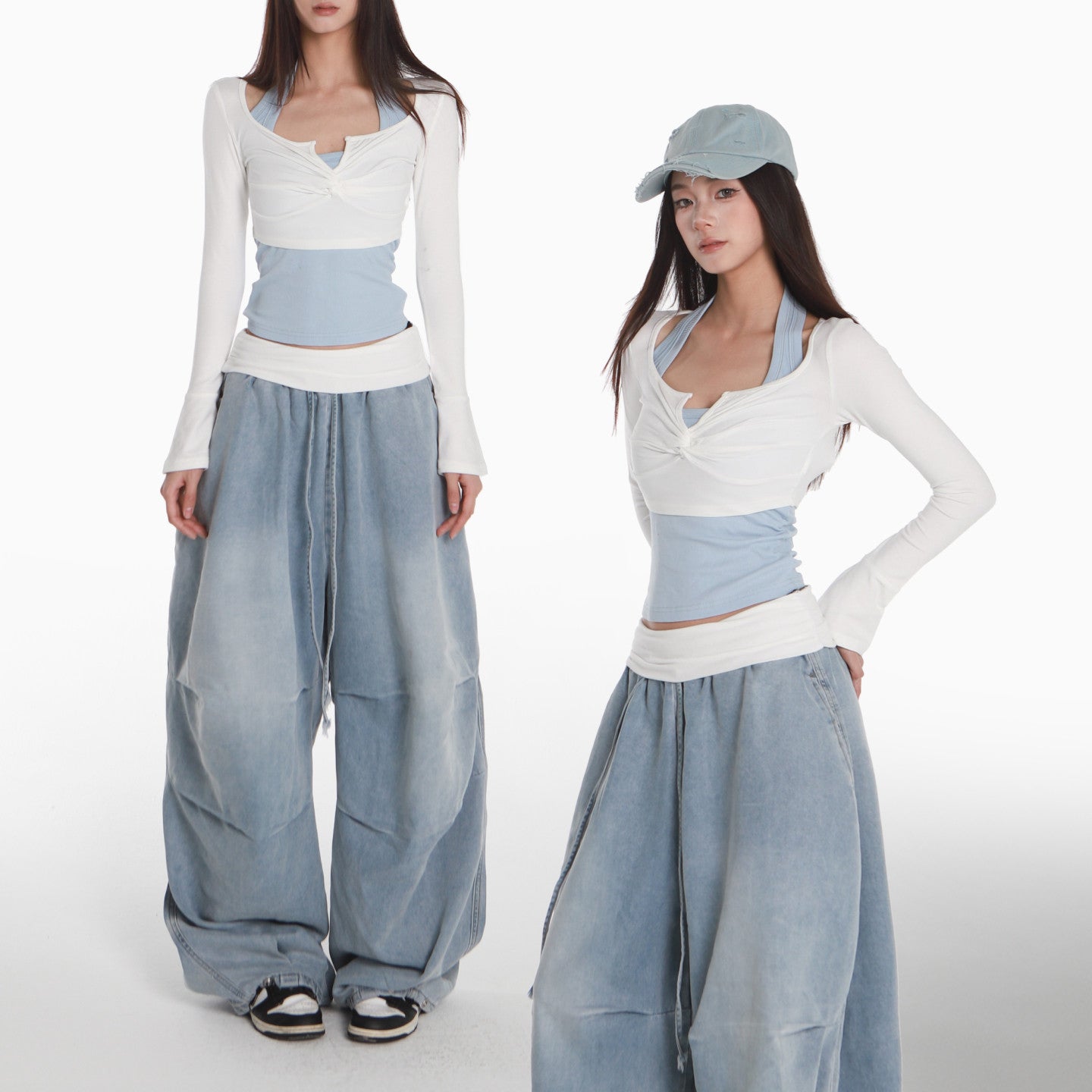 Lin Xiaohua sweet and spicy sporty style suit women's white button-down crop top + blue thin draped cargo jeans