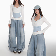 Lin Xiaohua sweet and spicy sporty style suit women's white button-down crop top + blue thin draped cargo jeans