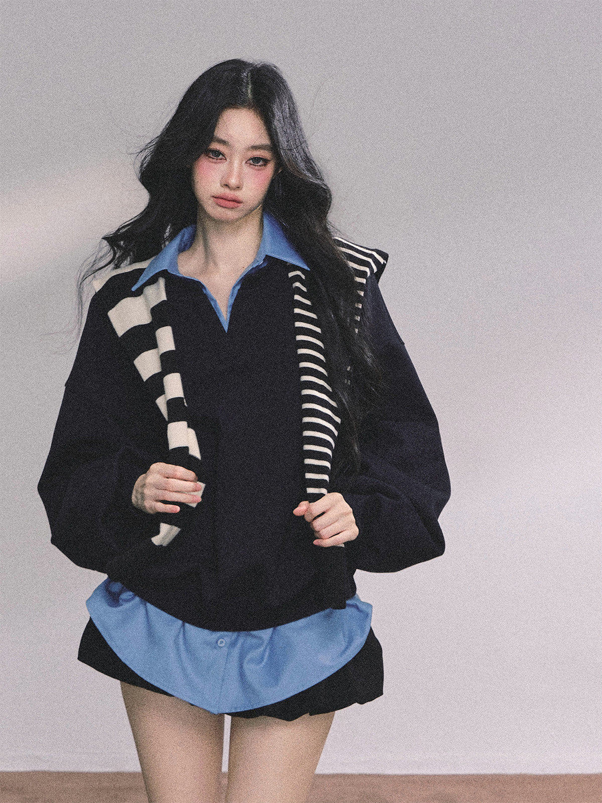 AOMALM Shaoya Eye Gaozhi Gakuin % Fake two pieces American oversize sweatshirt women's autumn polo collar top