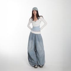 Lin Xiaohua sweet and spicy sporty style suit women's white button-down crop top + blue thin draped cargo jeans
