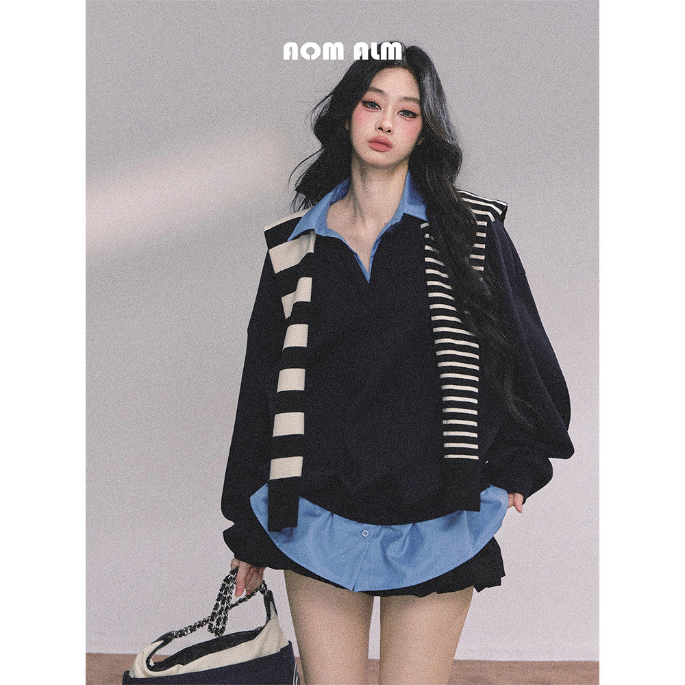 AOMALM Shaoya Eye Gaozhi Gakuin % Fake two pieces American oversize sweatshirt women's autumn polo collar top