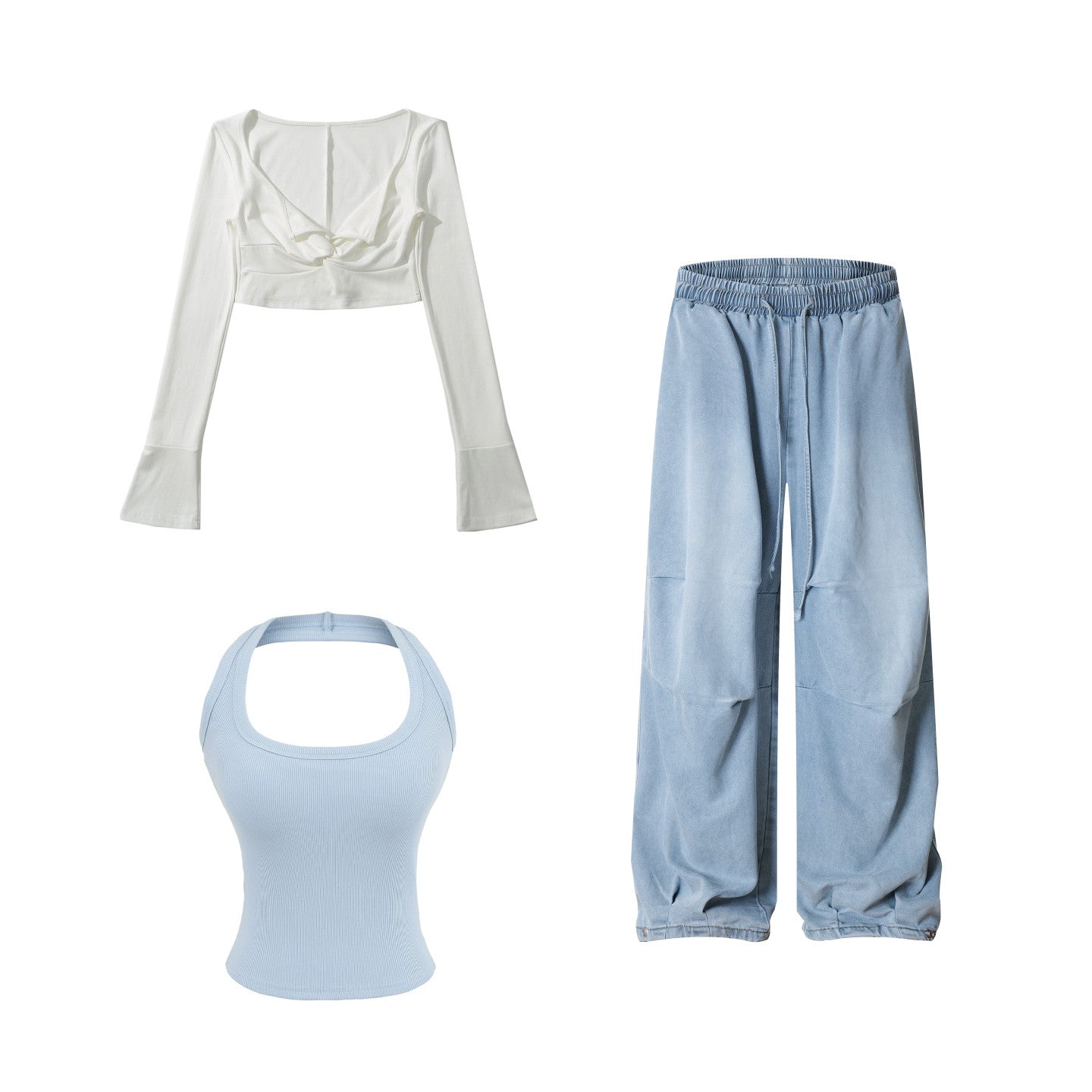 Lin Xiaohua sweet and spicy sporty style suit women's white button-down crop top + blue thin draped cargo jeans