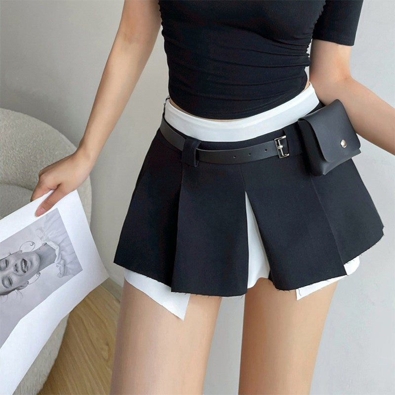 liviahome american babes college fake two pieces waist bag black short skirt pleated skirt anti walking away a-line skirt