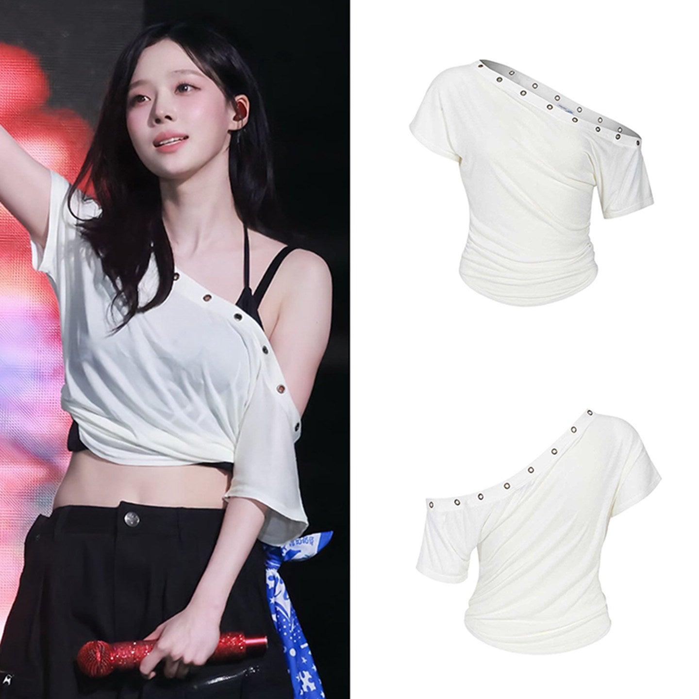 aespa winter's matching pleasenofollow off-the-shoulder short sleeve T-shirt women's summer slash neck top