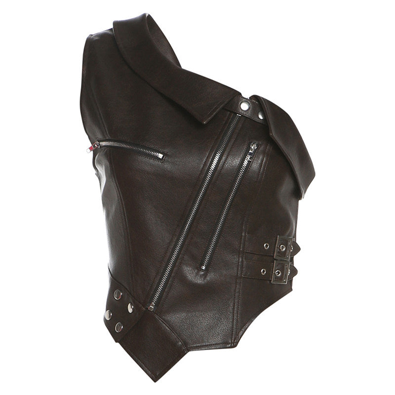 Grotesque girl Kim Ji Ni Jennie same vintage PU leather zipper slanted shoulder vest women's irregular crop top
