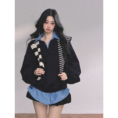 AOMALM Shaoya Eye Gaozhi Gakuin % Fake two pieces American oversize sweatshirt women's autumn polo collar top