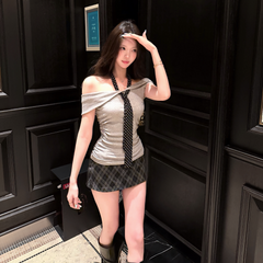 SiCii ice cake sweetheart pure desire hot girl polka dot tie one-shoulder T-halterneck design pleated slimming short top