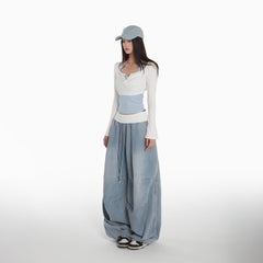 Lin Xiaohua sweet and spicy sporty style suit women's white button-down crop top + blue thin draped cargo jeans