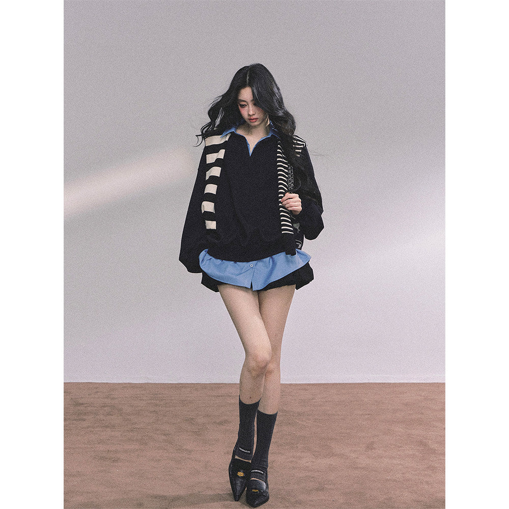 AOMALM Shaoya Eye Gaozhi Gakuin % Fake two pieces American oversize sweatshirt women's autumn polo collar top